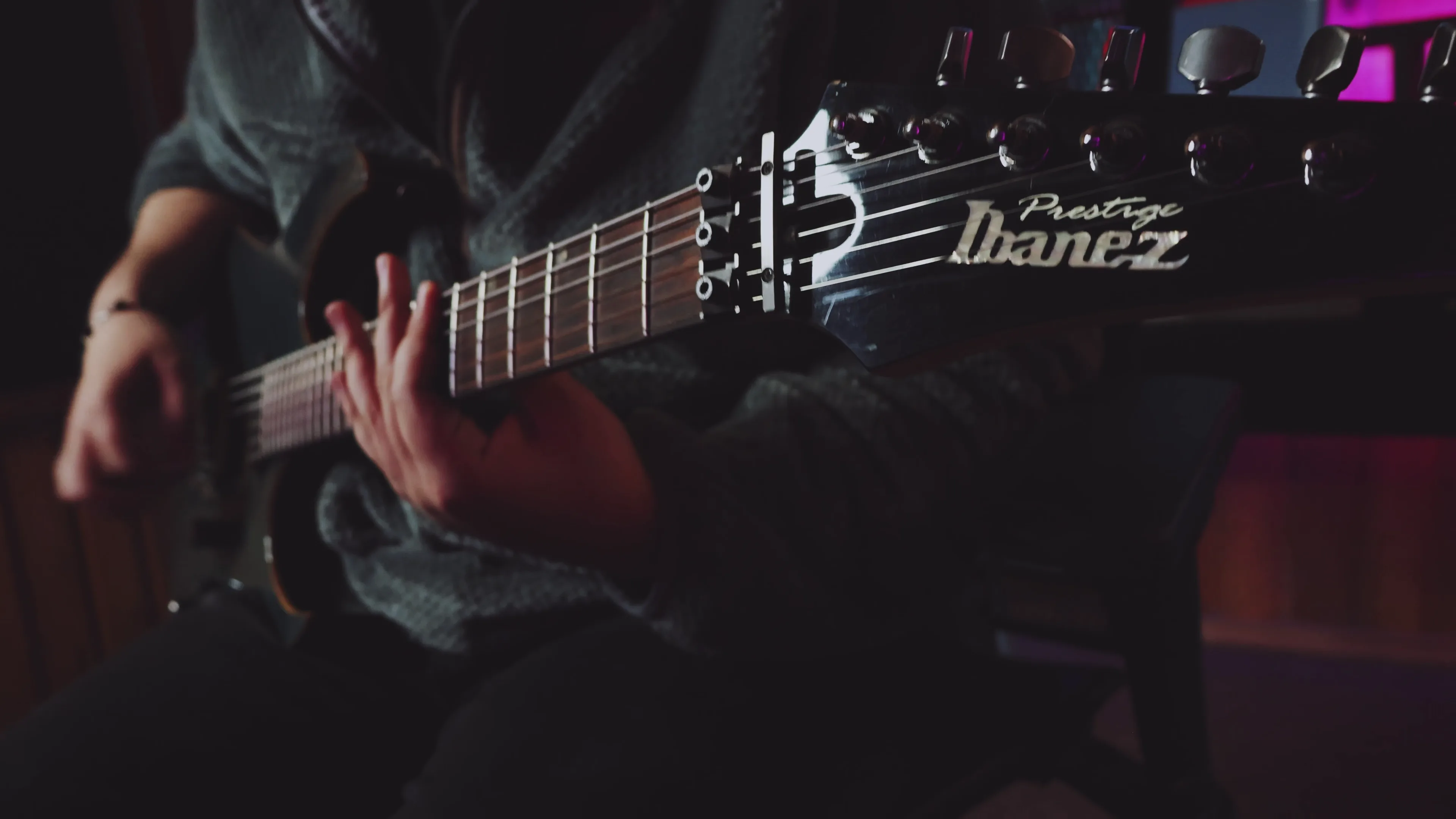 Close-up of an electric guitar in the studio
